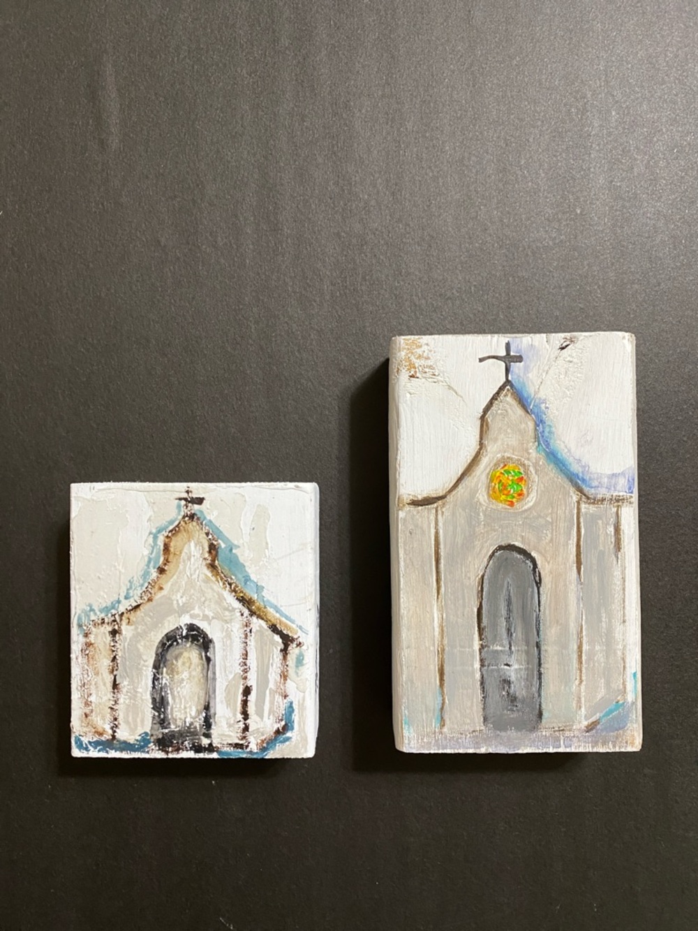 Hand-Painted Churches on Wood Blocks Art Duo in White, Gray & Blue